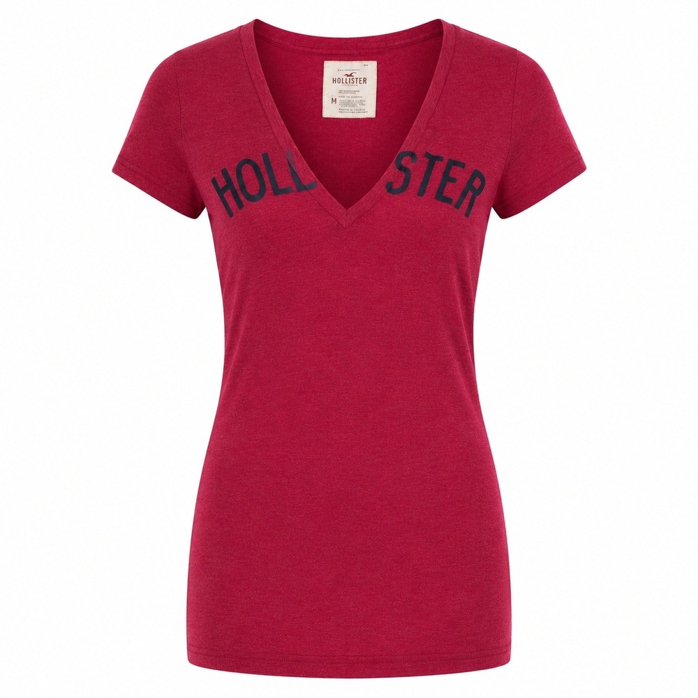 Hollister California Y2K Spell Out V Neck Tee Shirt Red Style Size Medium